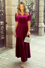 Load image into Gallery viewer, Red Dahlia Velvet Short Sleeve Shirred Waist Tiered Maxi Dress
