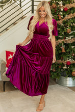 Load image into Gallery viewer, Red Dahlia Velvet Short Sleeve Shirred Waist Tiered Maxi Dress