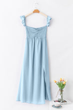 Load image into Gallery viewer, Sky Blue Off Shoulder Ruched Bust Sheer Slit Maxi Dress