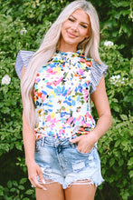 Cargar imagen en el visor de la galería, Light Blue Floral Print Striped Ruffled Sleeve Blouse