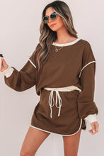 Load image into Gallery viewer, Coffee Color Contrast Loose Pullover and Lace-up Waist Skort Set