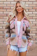 Load image into Gallery viewer, Pink Western Aztec Print Sherpa Splicing Buttoned Flap Pocket Coat
