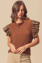 Load image into Gallery viewer, Cinnamon Leather Ruffle Sleeve Patchwork Round Neck Blouse