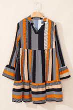 Load image into Gallery viewer, Black Striped Polka Dot Print Ruffled Hem V Neck Mini Dress