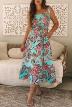 Load image into Gallery viewer, Green Abstract Print Smocked Bodice Knotted Straps Ruffled Maxi Dress