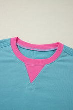 Cargar imagen en el visor de la galería, Light Blue Colorblock Patchwork Crew Neck Loose Sweatshirt