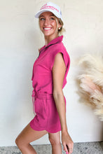 Load image into Gallery viewer, Rose Red Textured Short Sleeve Half Zip Drawstring Waist Romper