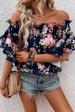 Load image into Gallery viewer, Blue Ruffle Off Shoulder Flounce Sleeve Floral Blouse