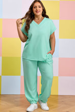 Cargar imagen en el visor de la galería, Mint Green Solid V-Neck Tee and Drawstring Plus Size Pants Set