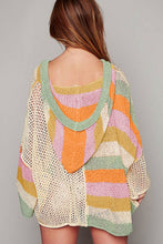 Load image into Gallery viewer, Beige Pointelle Knit Colorblock Patchwork V Neck Hooded Plus Sweater