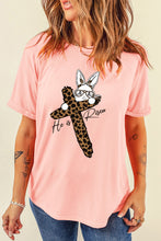Load image into Gallery viewer, Pink He is Risen Easter Bunny Leopard Cross Graphic Tee