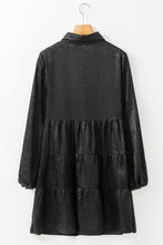Load image into Gallery viewer, Black Metallic Sheen Puff Sleeve Button Up Mini Shirt Dress