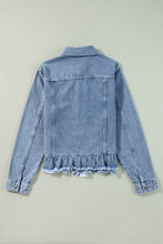 Load image into Gallery viewer, Beau Blue Ruffle Raw Hem Flap Pockets Denim Jacket