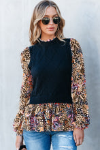 Load image into Gallery viewer, Black Floral Ruffle Sleeve Peplum Top