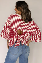 Cargar imagen en el visor de la galería, Red Stripe Bowknot Cutout Back Drop Shoulder Wide Bracelet Sleeve Loose Tee