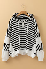 Load image into Gallery viewer, Black white Oversized Striped Henley Buttons Dolman Sleeve Hooded Top