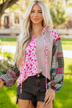 Load image into Gallery viewer, Pink Boho Mixed Floral Drop Shoulder Bubble Sleeve Blouse