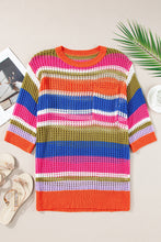 Load image into Gallery viewer, Orange Stripe Colorblock Hollowed Crochet 3/4 Sleeve Sweater