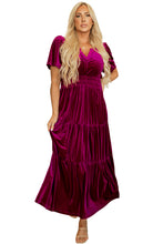 Load image into Gallery viewer, Red Dahlia Velvet Short Sleeve Shirred Waist Tiered Maxi Dress