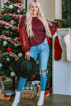 Cargar imagen en el visor de la galería, Burgundy Sequin Patchwork Sleeve Open Back Waffle Knit Top