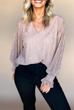 Load image into Gallery viewer, Light Pink V Neck Sequin Plisse Long Sleeve Blouse