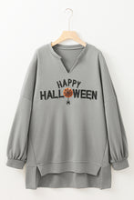 Cargar imagen en el visor de la galería, Medium Grey Sequin Happy Halloween Graphic Notched Neck Long Sleeve Loose Top