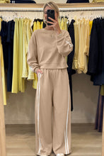 Load image into Gallery viewer, Oatmeal Varsity Striped Detail Crewneck Pullover Elastic Sweatpants 2pcs Outfit