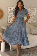 Load image into Gallery viewer, Blue Printed V Neck Shirred Short Puff Sleeve Maxi Dress