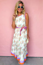 Load image into Gallery viewer, White Floral Print Color Block Trim Belted Sleeveless Maxi Dress