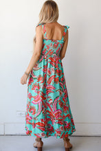 Load image into Gallery viewer, Green Abstract Print Smocked Bodice Knotted Straps Ruffled Maxi Dress
