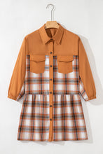 Load image into Gallery viewer, Khaki Plaid Color Block Patchwork Ruffle Hem Tunic Shirt Dress