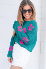 Load image into Gallery viewer, Sea Green Big Flower Hollowed Knit Drop Shoulder Sweater