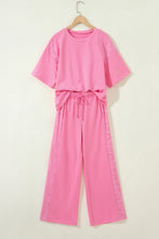Cargar imagen en el visor de la galería, Sachet Pink Lace Patchwork Half Sleeve Top Elastic Waist Pants Two Piece Set