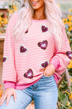 Cargar imagen en el visor de la galería, Pink Stripe Sequin Heart Patched Pattern Long Sleeve Valentines Top