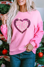 Load image into Gallery viewer, Pink Leopard Heart Graphic Sequin Patchwork Long Sleeve Valentines Top