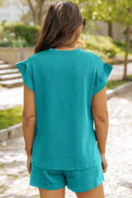 Load image into Gallery viewer, Teal Textured Ruffle Split Top and Drawstring Shorts