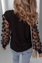 Load image into Gallery viewer, Black Flower Applique Mesh Long Sleeve V Neck Blouse