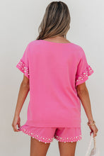 Load image into Gallery viewer, Bright Pink Textured Pearled Ruffle Sleeve Top 2 Piece Shorts Set