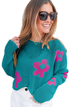 Load image into Gallery viewer, Sea Green Big Flower Hollowed Knit Drop Shoulder Sweater