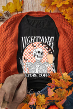 Load image into Gallery viewer, Black Nightmare Before Coffee Skull Checkerboard Graphic Halloween Tee