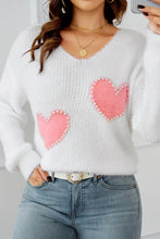 Load image into Gallery viewer, White Pearl Beaded Heart Pattern Fuzzy V Neck Sweater