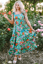 Load image into Gallery viewer, Green Floral Print Sleeveless Ruffle Tiered Maxi Dress