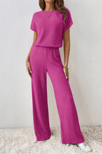 Load image into Gallery viewer, Rose Red Solid Color Ribbed Short Sleeve Wide Leg Jumpsuit