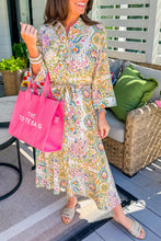 Load image into Gallery viewer, White Paisley Print Buttoned Knotted High Waist Midi Dress