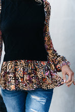 Load image into Gallery viewer, Black Floral Ruffle Sleeve Peplum Top