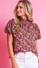 Cargar imagen en el visor de la galería, Purple Floral Print Knotted High Neck Puff Sleeve Blouse