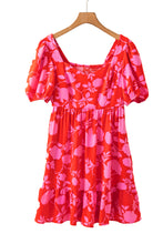 Load image into Gallery viewer, Red Floral Bubble Sleeve Sweetheart Neck Ruffled Mini Dress
