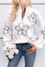 Load image into Gallery viewer, White Contrast Flower Half Zipper Stand Neck Sweater