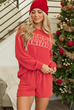 Cargar imagen en el visor de la galería, Racing Red Corded MERRY Graphic Long Sleeve Top and Shorts Set
