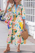 Load image into Gallery viewer, Multicolour Floral Doodle Print Striped Trim V Neck Midi Dress